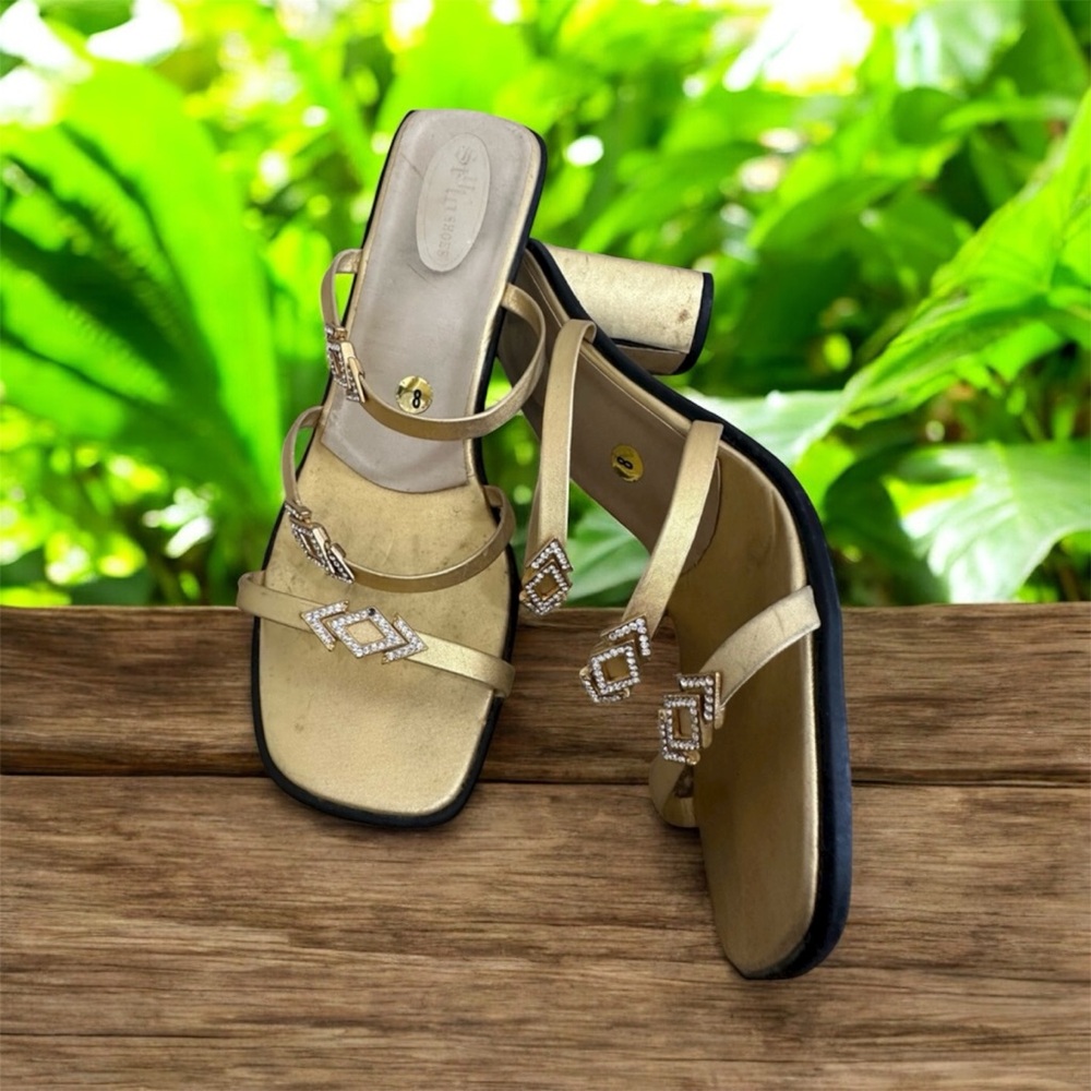 Gold Strappy Heels with Rhinestone Buckles